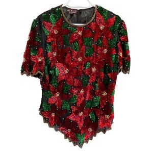VTG Marina Silk Beaded Sequin Poinsettia Top Large Holiday Party Blouse